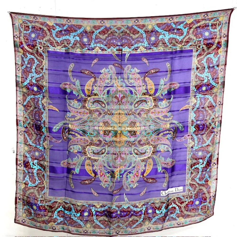 Christian Dior Soft 00% Silk Scarf Chiffon & Satin PurplePaisley Floral 31